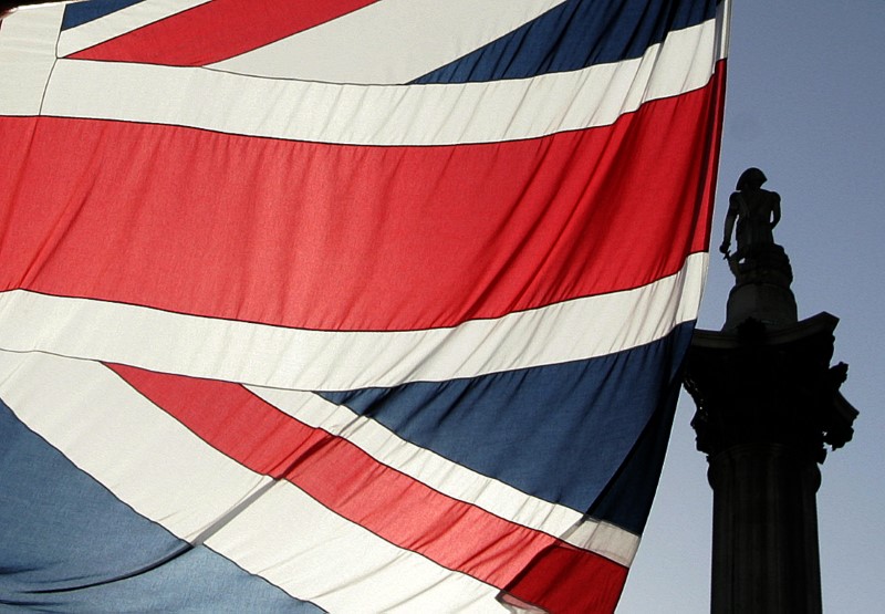 © Reuters. FILE PHOTO:  Nelson's Column is seen behind a Union flag in Trafalgar Square in London.