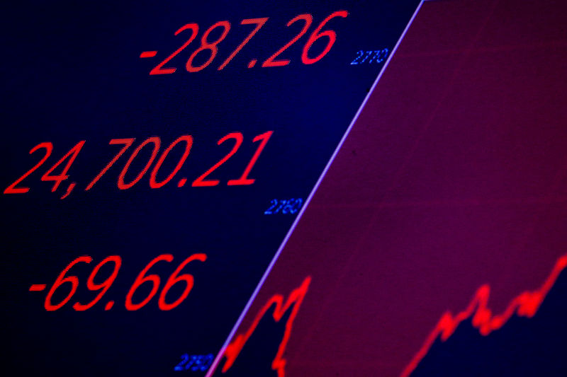 © Reuters. Динамика индекса  Dow Jones на мониторе после закрытия торгов на Нью-Йоркской фондовой бирже