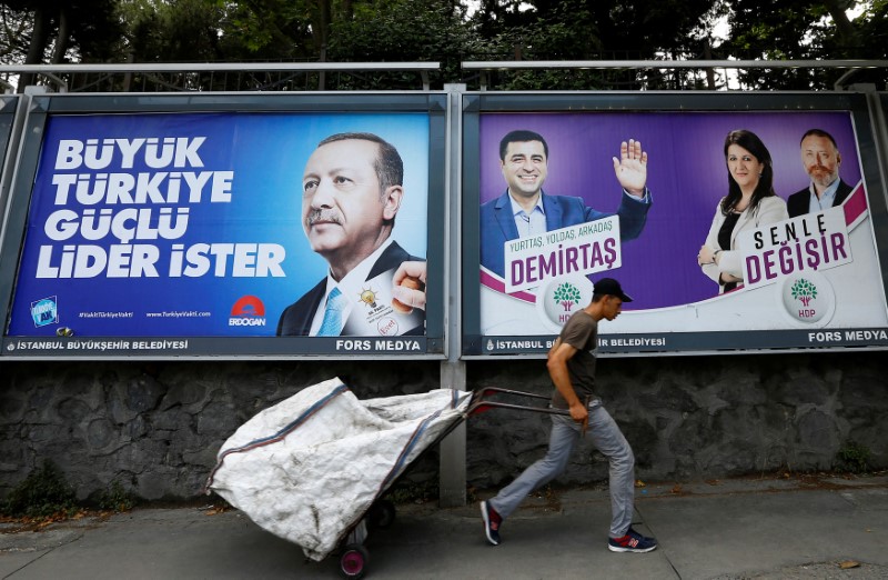 © Reuters. A garbage collector walks past election posters for Turkey's President Tayyip Erdogan and Turkey's main pro-Kurdish Peoples' Democratic Party (HDP) jailed former leader and presidential candidate Selahattin Demirtas in Istanbul