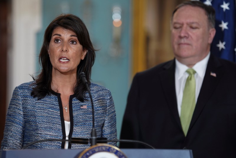 © Reuters. U.S. Ambassador to the United Nations Nikki Haley delivers remarks to the press together with U.S. Secretary of State Mike Pompeo, announcing the U.S.'s withdrawal from the U.N's Human Rights Council at the Department of State in Washington