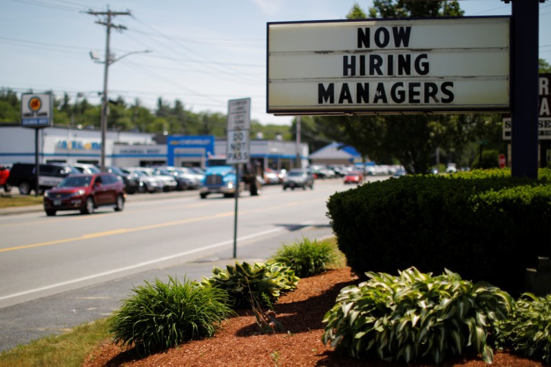 © Reuters. The sign on a Taco Bell restaurant advertises "Now Hiring Managers" in Fitchburg