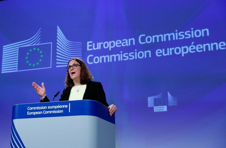 © Reuters. European Trade Commissioner Malmstroem holds a news conference following the United States announcement  to impose tariffs on steel and aluminium from the European Union, in Brussels