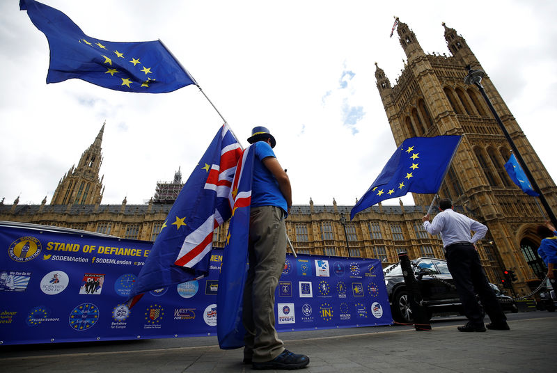 © Reuters. Anti-Brexit demonstrators wave EU and Union flags opposite the Houses of Parliament, in London