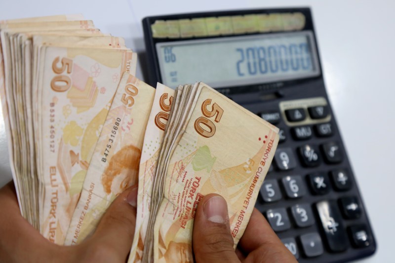 © Reuters. Сотрудник обменного пункта пересчитывает купюры турецкой лиры в городе Диярбакыр