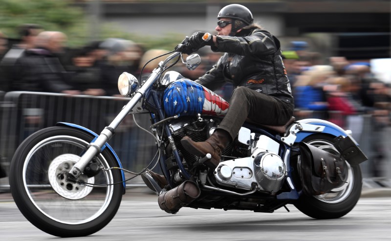 © Reuters. FILE PHOTO - A biker rides his Harley-Davidson during a parade at the "Hamburg Harley Days" in Hamburg,