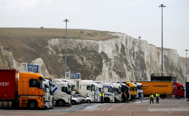 © Reuters. FILE PHOTO: Lorries line up in front of the White Cliffs of Dover, at the Dover ferry terminal in Britain