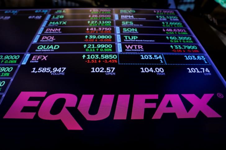 © Reuters. The logo and trading information for Credit reporting company Equifax Inc. are displayed on a screen on the floor of the NYSE in New York