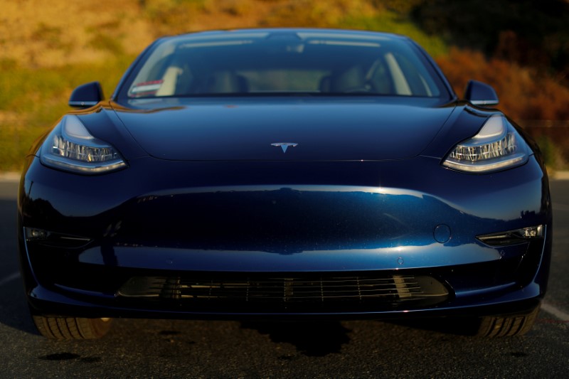 © Reuters. FILE PHOTO: A 2018 Tesla Model 3 electric vehicle in Cardiff California,