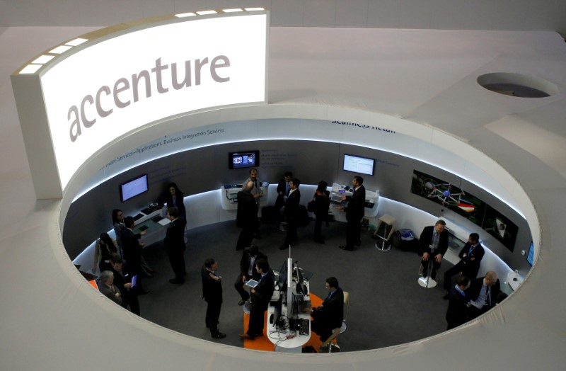 © Reuters. FILE PHOTO: Visitors look at devices at Accenture stand at the Mobile World Congress in Barcelona
