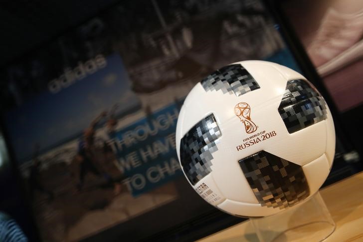 © Reuters. A soccer ball with the sign of the FIFA World Cup 2018 is seen before the Adidas annual news conference in Herzogenaurach