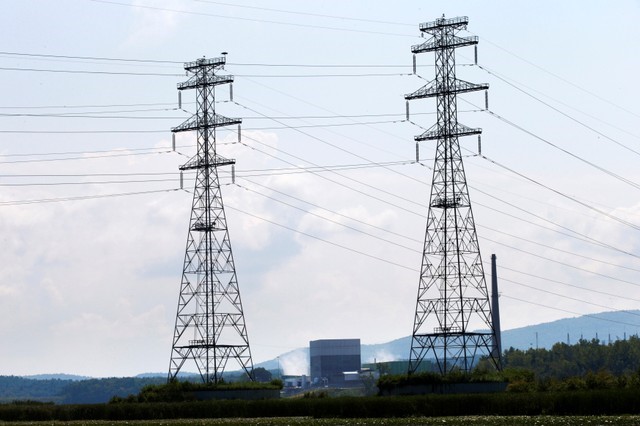 © Reuters. FILE PHOTO: Power lines in Hinsdale, New Hampshire, lead away from the Vermont Yankee nuclear power plant in Vernon, Vermont