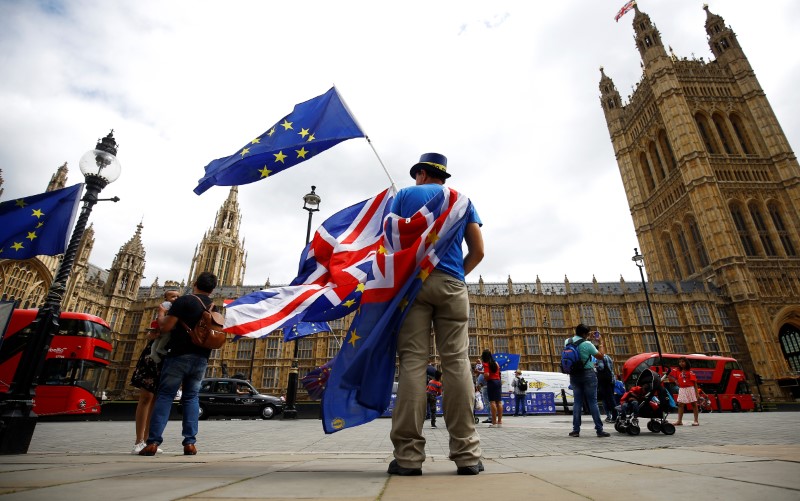 © Reuters. Anti-Brexit demonstrators wave EU and Union flags opposite the Houses of Parliament, in London