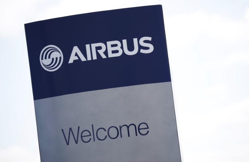 © Reuters. A branded sign is seen at the entrance to Airbus' wing assembly plant at Broughton, near Chester