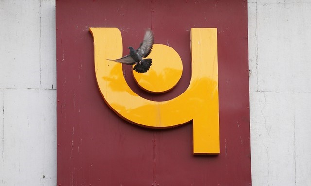 © Reuters. FILE PHOTO: A pigeon flies past the logo of Punjab National Bank outside a branch of the bank in New Delhi