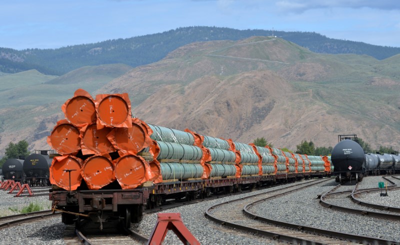 © Reuters. FILE PHOTO: Steel pipe to be used in the pipeline construction of Kinder Morgan Canada's Trans Mountain Expansion Project sit on rail cars at a stockpile site in Kamloops