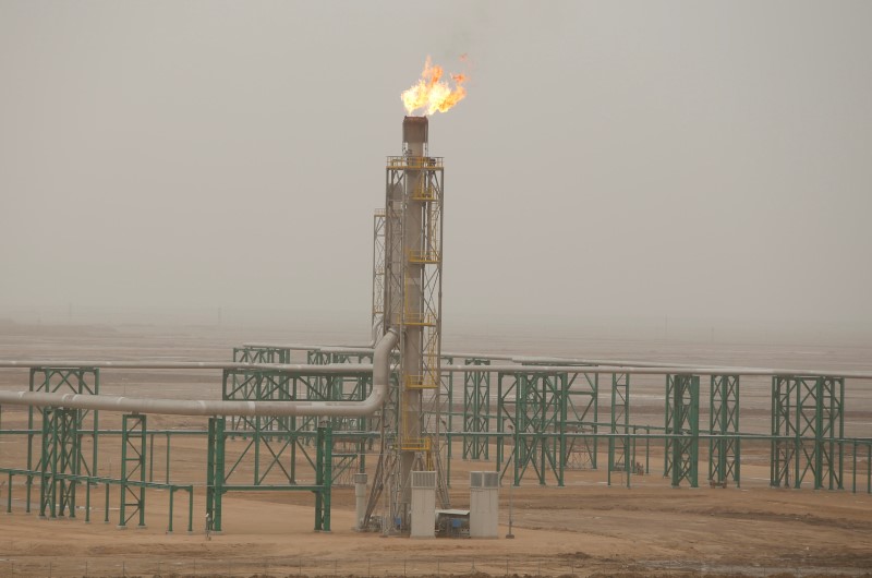 © Reuters. Excess gas is burnt off at a pipeline at the Zubair oilfield in Basra