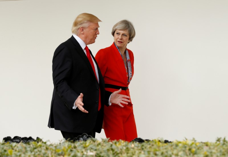 © Reuters. FILE PHOTO: U.S. President Donald Trump escorts British Prime Minister Theresa May down the White House colonnade after their meeting at the White House in Washington