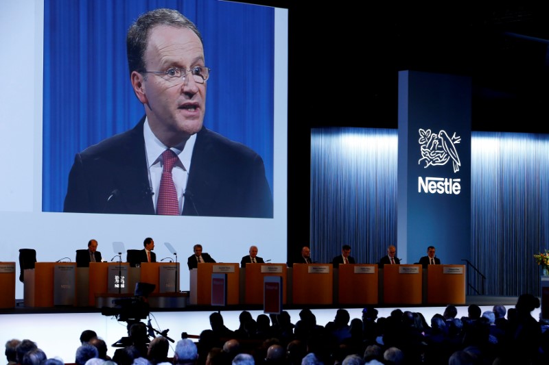 © Reuters. FILE PHOTO: Nestle Chief Executive Mark Schneider is seen on a screen, during the opening of the 151st Annual General Meeting of Nestle in Lausanne
