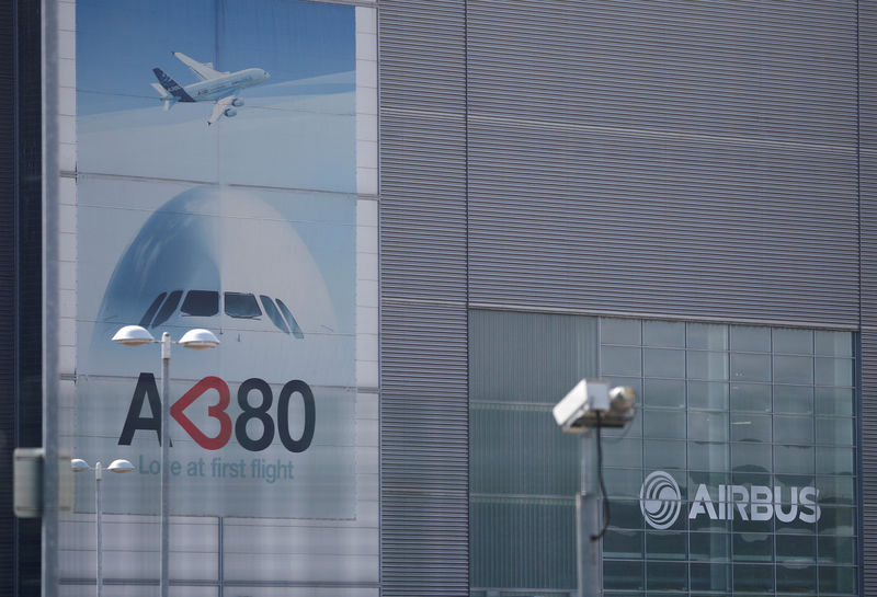 © Reuters. Branded posters are seen at Airbus' wing assembly plant at Broughton, near Chester