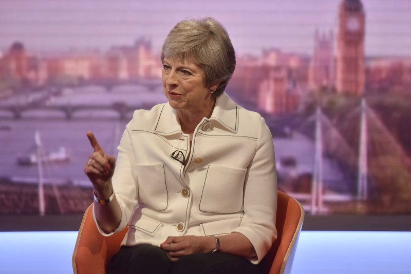 © Reuters. Britain's Prime Minister, Theresa May, appears on the BBC's Andrew Marr Show in London