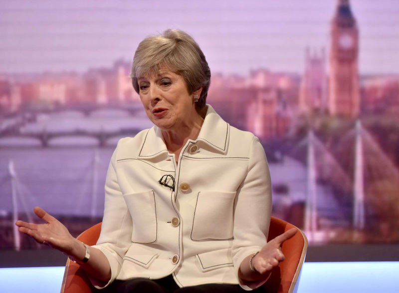 © Reuters. Britain's Prime Minister, Theresa May, appears on the BBC's Andrew Marr Show in London