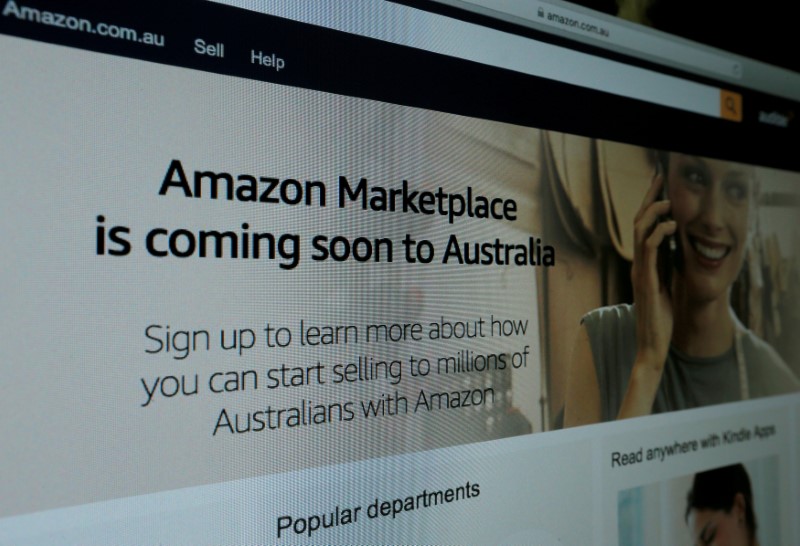 © Reuters. FILE PHOTO: A web page featuring Amazon's Australian URL is pictured in this photo illustration