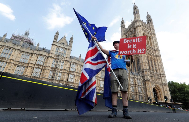 © Reuters. Un manifestante anti-Brexit davanti a Westminster
