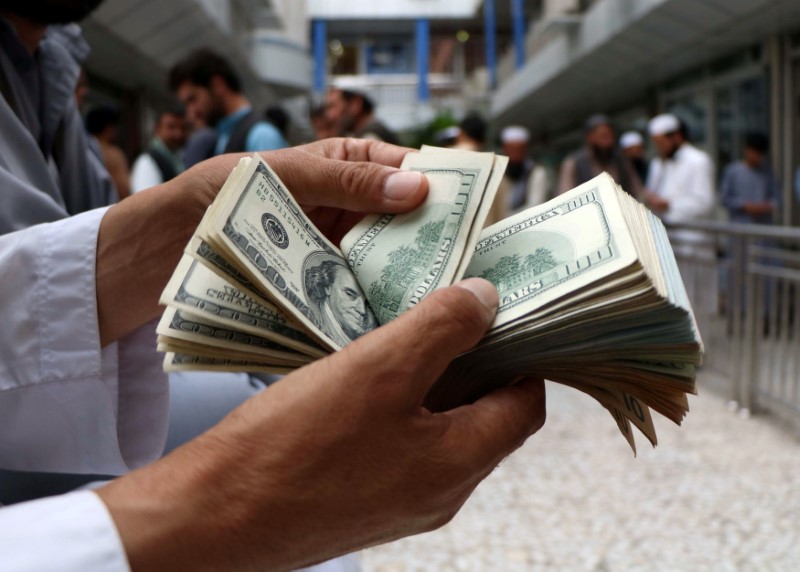 © Reuters. FILE PHOTO - A money changer counts U.S. dollar banknotes at money change market in Herat province