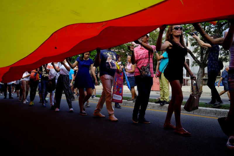 © Reuters. Activistas por los derechos de los homosexuales llevan una bandera del arco iris durante la 11 marcha anual contra la homofobia y la transfobia en La Habana