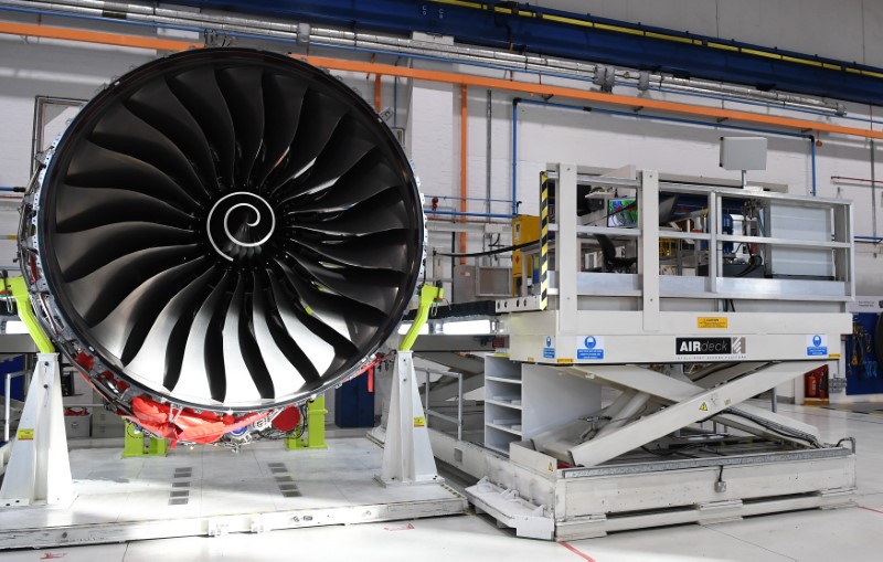 © Reuters. Rolls Royce Trent XWB engines, designed specifically for the Airbus A350 family of aircraft, are seen on the assembly line at the Rolls Royce factory in Derby