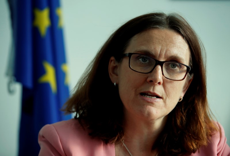 © Reuters. Еврокомиссар по вопросам торговли Сесилия Мальмстрём даёт интервью Рейтер в Женеве