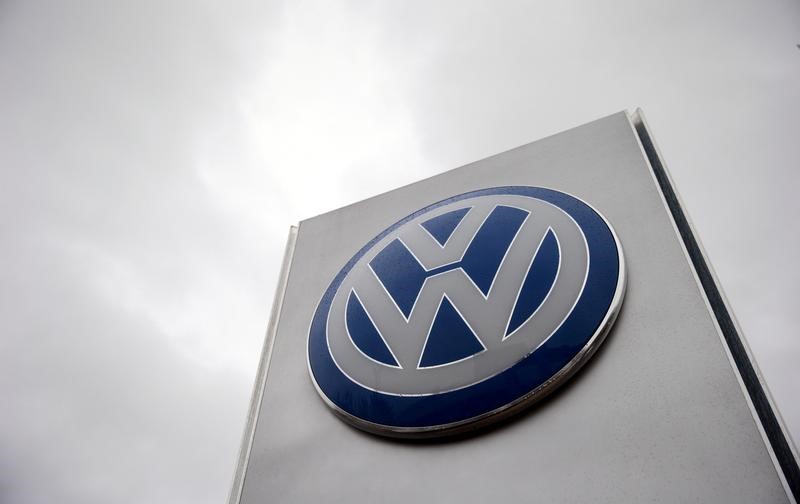 © Reuters. FILE PHOTO: VW sign outside a Volkswagen dealership in London