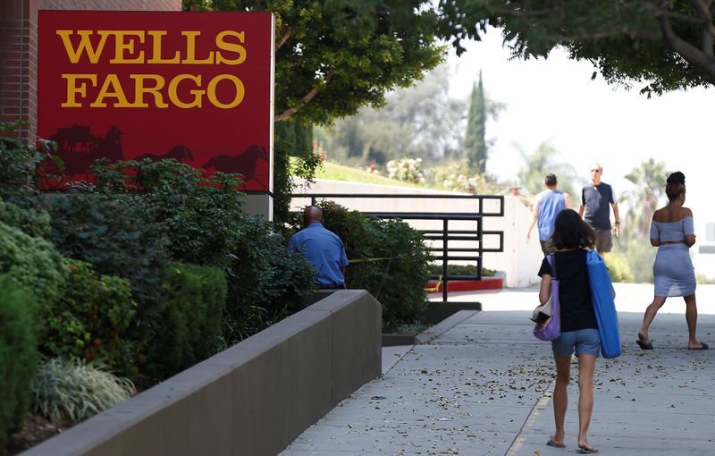 © Reuters. FILE PHOTO: People walk by a Wells Fargo banking location in Pasadena