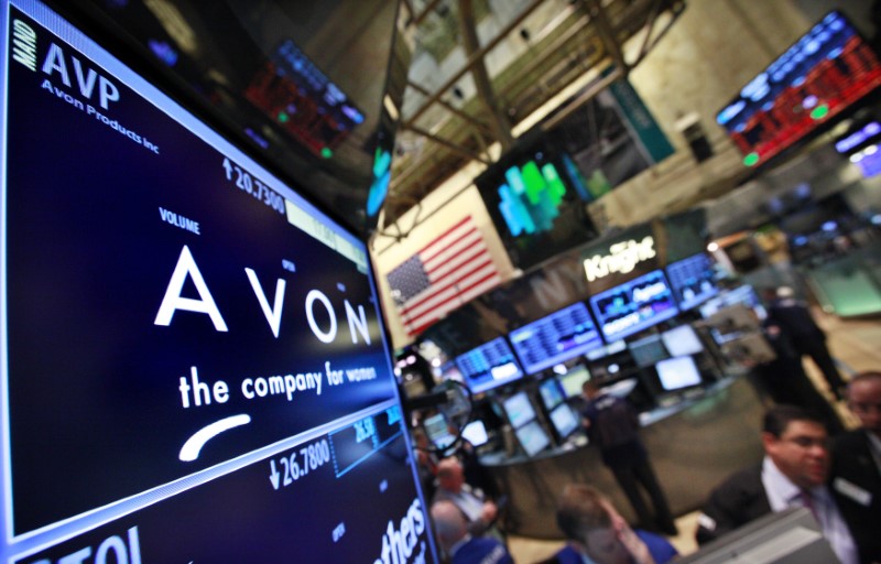 © Reuters. A screen displays the price for Avon Products Inc. at the post that trades the stock on the floor of the New York Stock Exchange