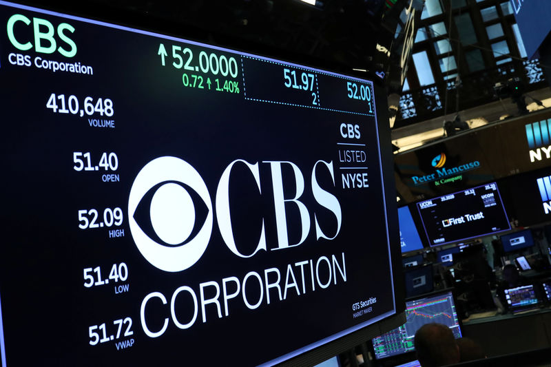 © Reuters. The price of CBS is shown on a board above the floor of the New York Stock Exchange shortly after the opening bell in New York