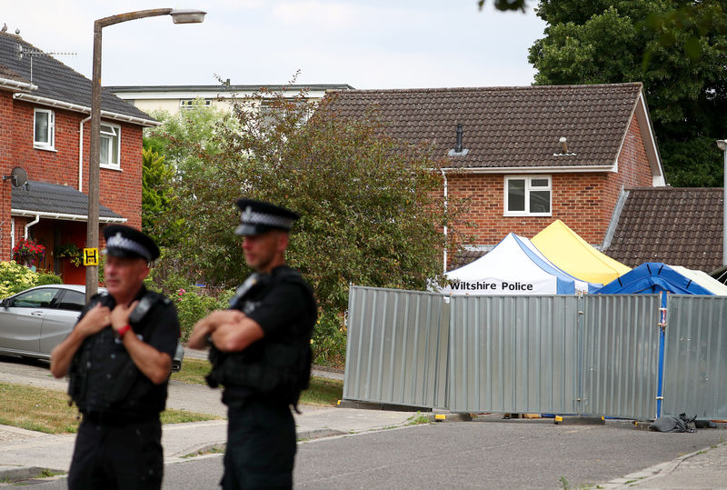 © Reuters. FILE PHOTO - Police officers stand on duty outside Sergei Skripal's home in Salisbury