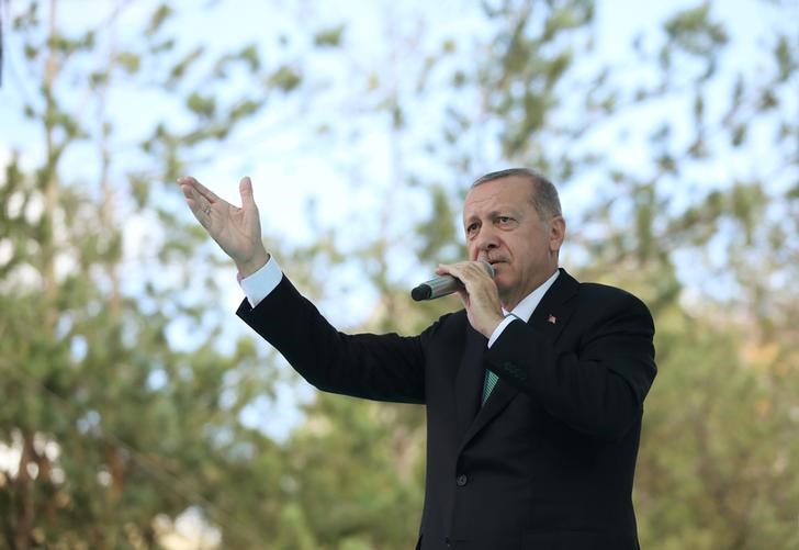 © Reuters. Turkish President Tayyip Erdogan addresses his supporters in Bayburt