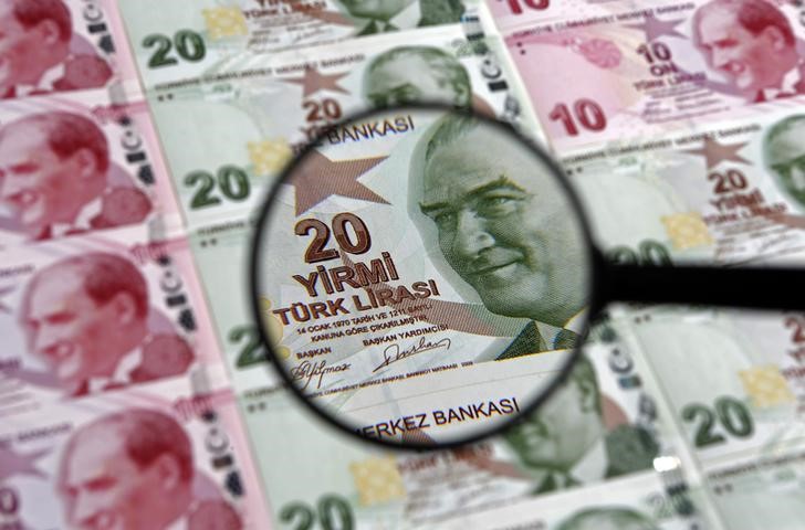 © Reuters. A 20 lira banknote is seen through a magnifying lens in this illustration picture taken in Istanbul