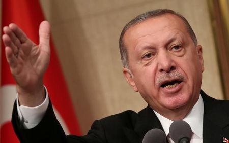 © Reuters. FILE PHOTO: Turkish President Tayyip Erdogan makes a speech during a ceremony marking the second anniversary of the attempted coup at the Presidential Palace in Ankara