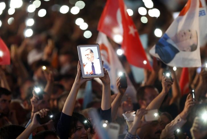 © Reuters. A supporters displays a picture of Turkey's Prime Minister Erdogan on a tablet during celebrations of his election victory in front of the party headquarters in Ankara August