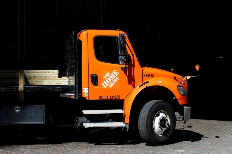 © Reuters. A Home Depot delivery truck drives on Wall St. in New York