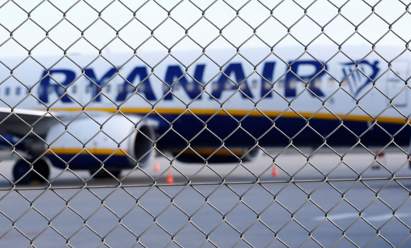 © Reuters. An aircraft of low-cost airliner Ryanair is seen behind a fence while being parked at the tarmac of Weeze airport near the German-Dutch border during a wider European strike of Ryanair airline crews