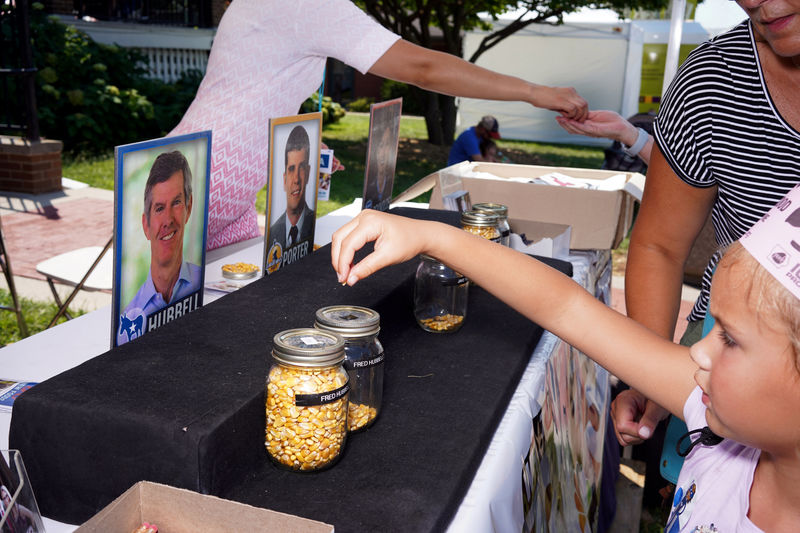 © Reuters. FILE PHOTO: Mazzie Ferchen of Urbandale casts a vote for Iowa gubernatorial candidate Fred Hubbell at a corn kernel voting station at the Iowa State Fair in Des Moines