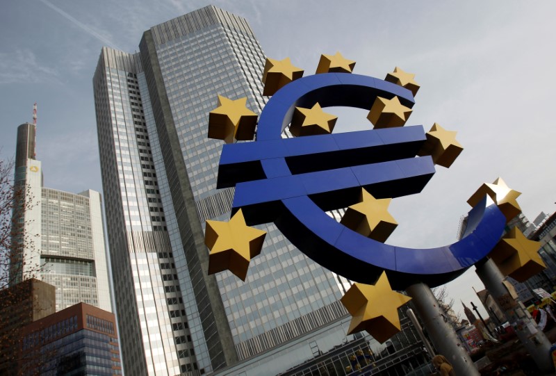 © Reuters. FILE PHOTO: A sculpture showing the Euro currency sign is seen in front of the ECB headquarters in Frankfurt