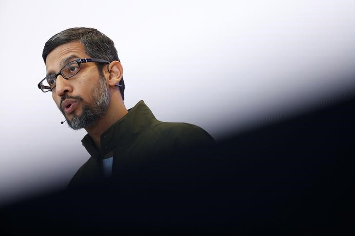 © Reuters. Google CEO Sundar Pichai speaks on stage during the annual Google I/O developers conference in Mountain View
