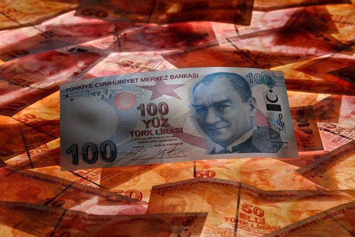 © Reuters. oFILE PHOTO: A 100 Turkish lira banknote is seen on top of 50 Turkish lira banknotes in this picture illustration in Istanbul