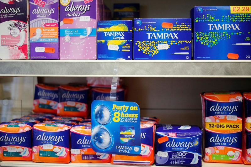© Reuters. FILE PHOTO: Feminine hygiene products are seen in a pharmacy in London