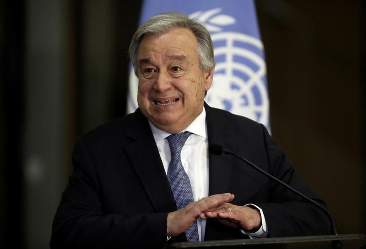 © Reuters. U.N. Secretary General Antonio Guterres, speaks to the media after a meeting with Costa Rica's President Carlos Alvarado at the Presidential house in San Jose, Costa Rica