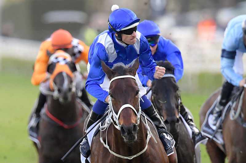 © Reuters. Jockey Hugh Bowman reacts as he rides champion thoroughbred Winx to a national record 26th win in succession to claim a Group 1 race named in her honour at Royal Randwick in Sydney