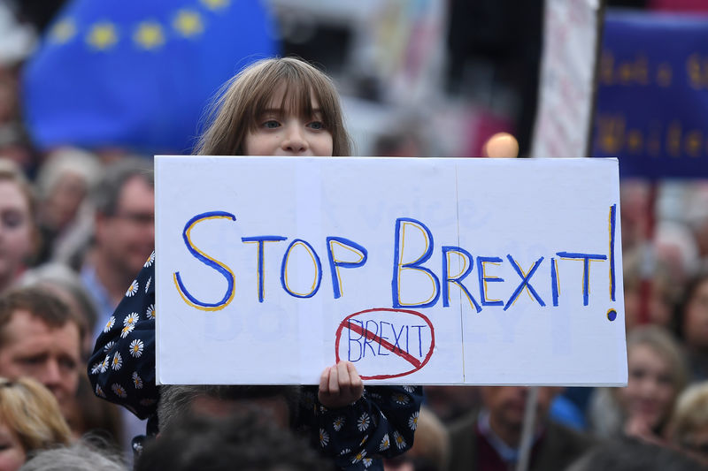 © Reuters. FILE PHOTO: Protesters participate in an anti-Brexit demonstration at City Hall in central Belfast